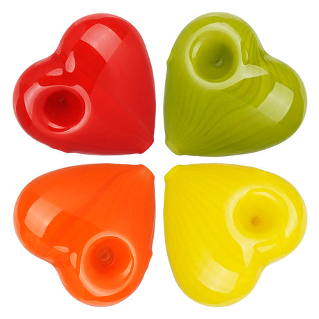 Assorted Tender Heart Hand Pipes, 2.5" Borosilicate Glass, in Red, Green, Orange, Yellow
