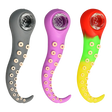 Tentacle Silicone Hand Pipes with Glass Bowls, 4.5" Length, Front View, in Gray, Purple, and Rasta Colors