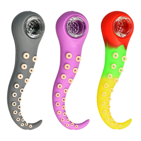 Tentacle Silicone Hand Pipes with Glass Bowls, 4.5" Length, Front View, in Gray, Purple, and Rasta Colors
