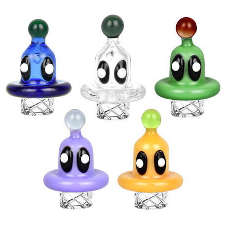 Assorted colors Terp Eyes Multi-Directional Carb Caps made of borosilicate glass, front view