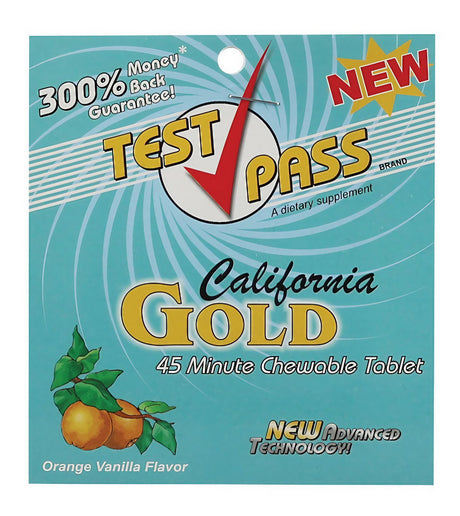 Test Pass California Gold Chewable Detox Tablets package with Orange Vanilla Flavor