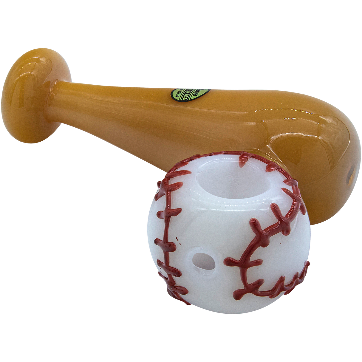 LA Pipes "420 Stretch" Bat & Baseball Glass Pipe for Dry Herbs, Angled Side View