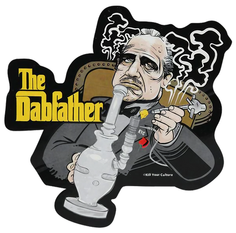 "The Dabfather" parody sticker with caricature holding a dab rig, ideal for novelty gift