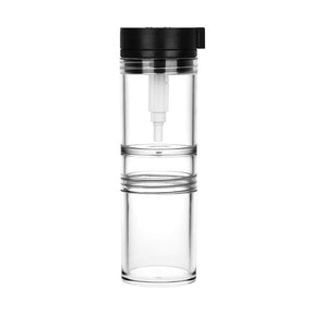 The Depot Clean Can Cleaning Station front view, portable 2" x 6.5" clear container with black lid