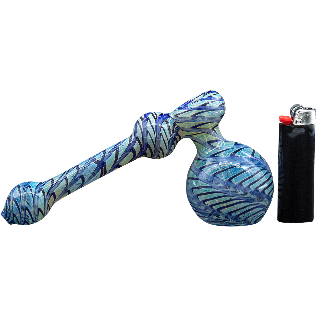 LA Pipes "Full Rake" Fumed Hammer Bubbler Pipe in Blue, Side View with Lighter for Scale
