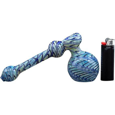 LA Pipes "Full Rake" Fumed Hammer Bubbler Pipe in Blue, Side View with Lighter for Scale