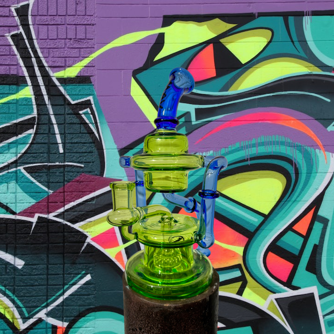 MAV Glass Griffith Microscopic Slitted Puck Bent Neck Recycler in Slyme Green, angled view