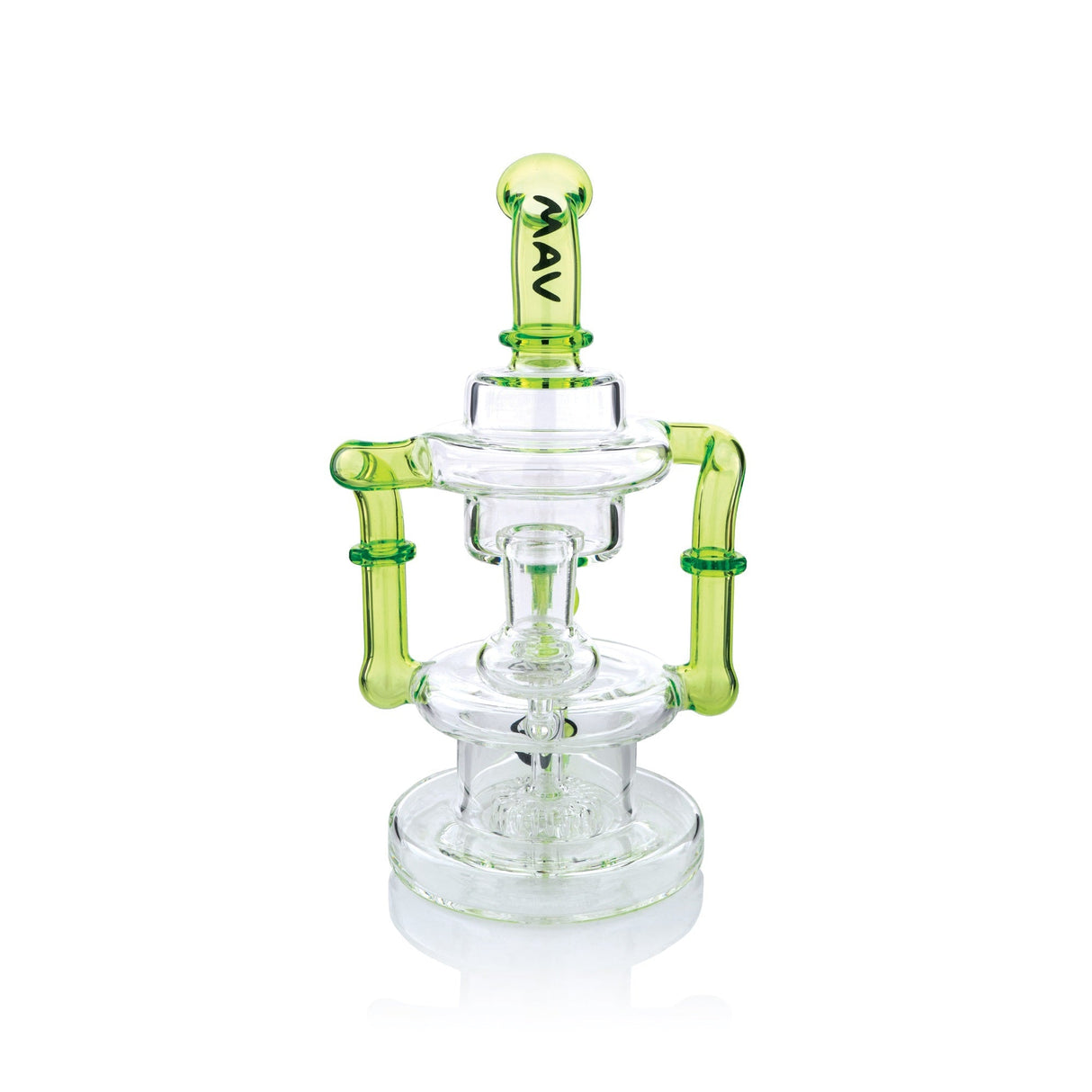 MAV Glass Griffith Microscopic Slitted Puck Bent Neck Recycler with Green Accents - Front View