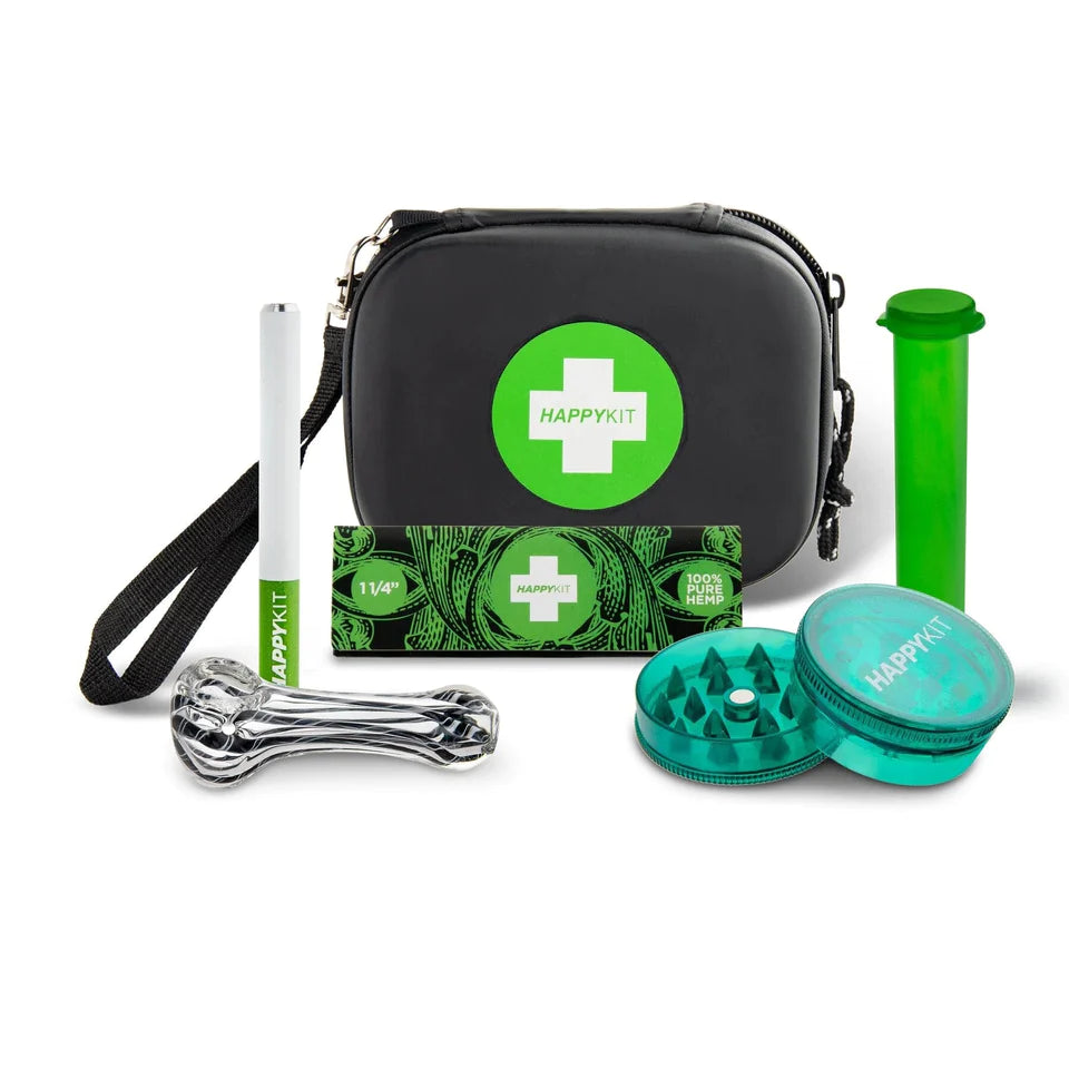 The Happy Kit OG bundle with hard case, glass spoon pipe, grinder, and accessories