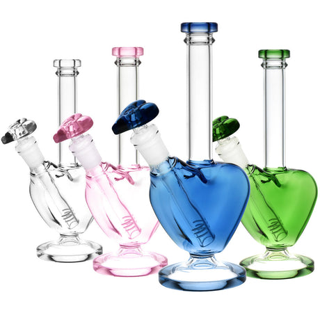 Assorted Heart Shaped Glass Bongs with 45 Degree Joint and Thick Glass, Front View