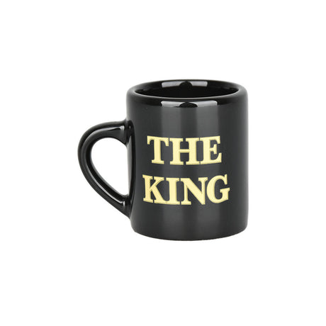 Black ceramic mug shot glass with 'THE KING' text, 2oz capacity, novelty kitchenware