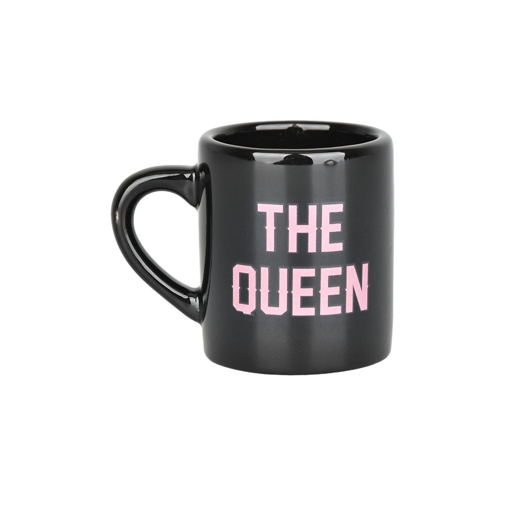 The Queen Ceramic Mug Shot Glass in Black - 2oz with Pink Lettering, Front View