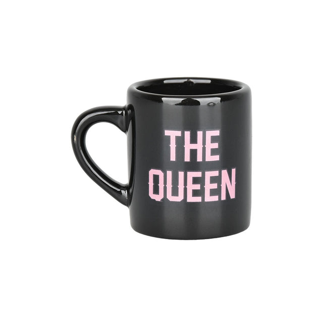 The Queen Ceramic Mug Shot Glass in Black - 2oz with Pink Lettering, Front View