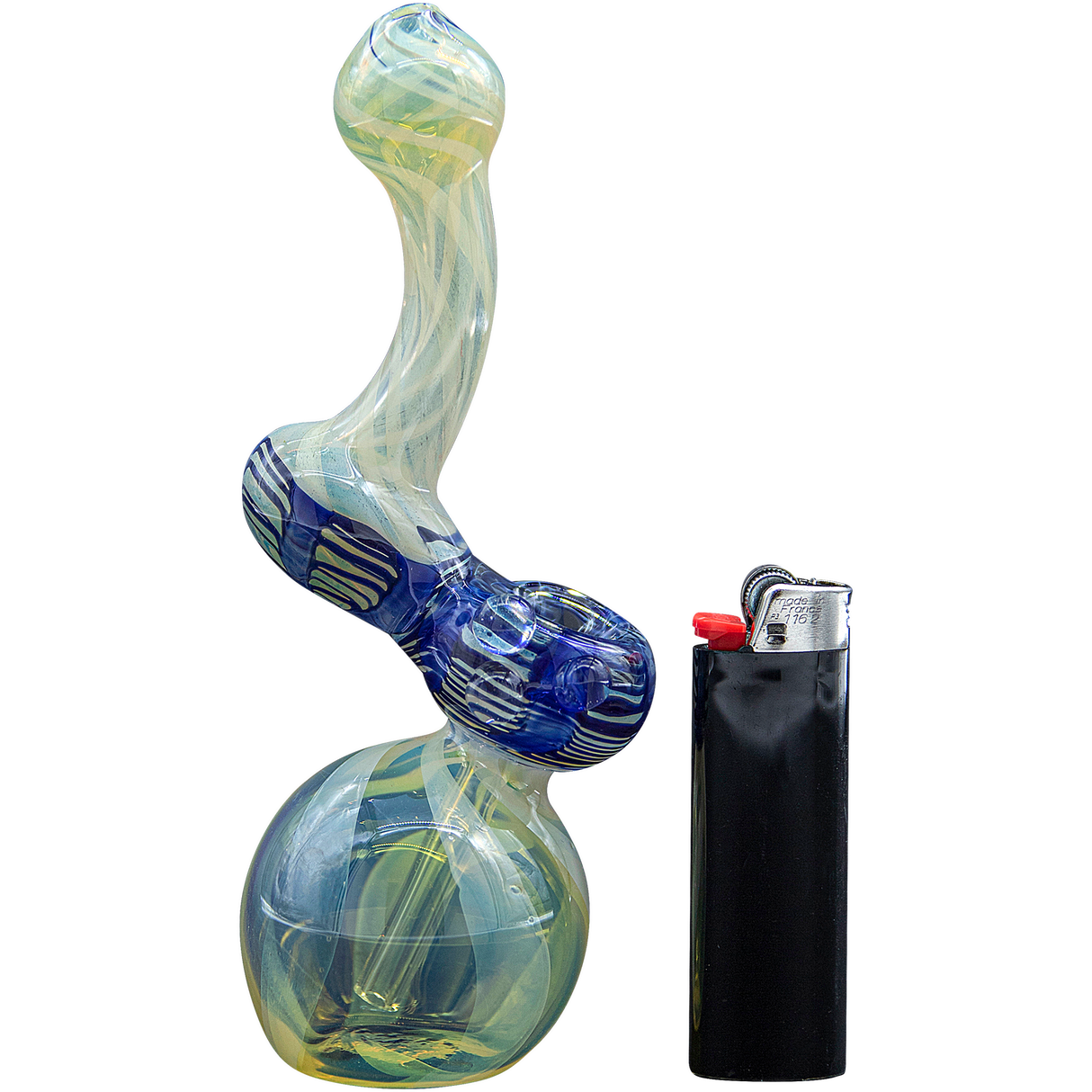 LA Pipes "Rake Bubb" Fumed Sherlock Bubbler Pipe in Blue, Front View with Lighter