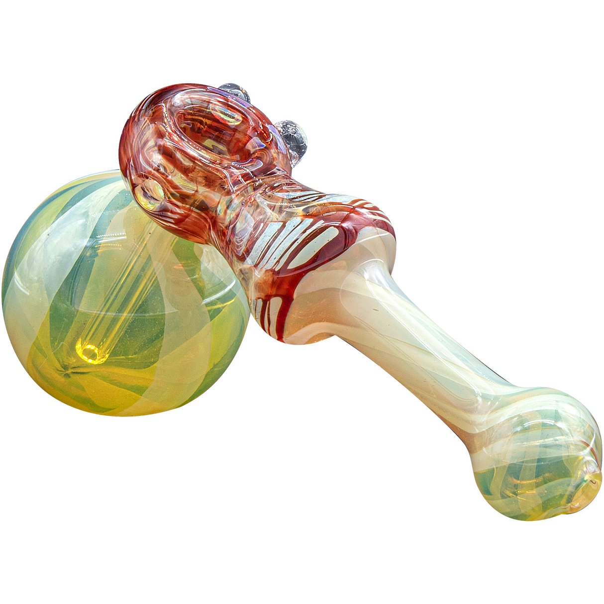 LA Pipes Raked Hammer Fumed Bubbler Pipe in Yellow & Red, Side View on White Background