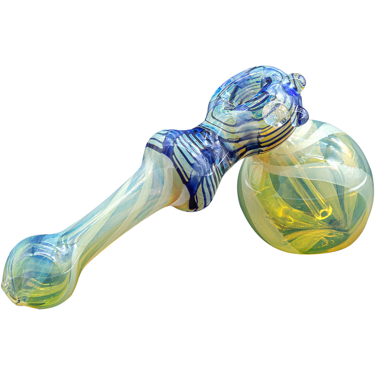 LA Pipes Raked Hammer Fumed Bubbler Pipe in Blue and Yellow - Side View