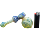 LA Pipes Raked Hammer Fumed Bubbler Pipe in Blue and Yellow with Lighter for Scale