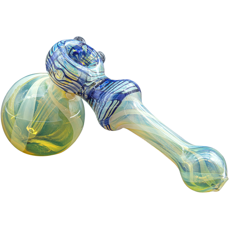 LA Pipes "Raked Hammer" Fumed Hammer Bubbler Pipe in blue and yellow swirl design, 6" borosilicate glass