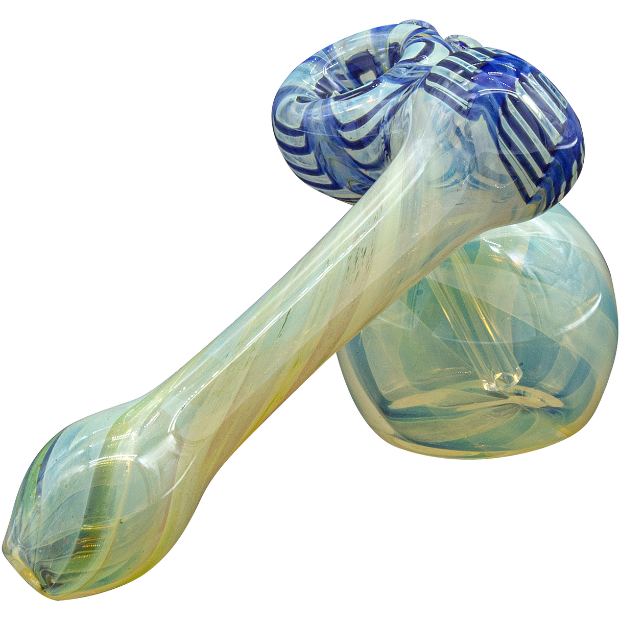LA Pipes Raked Sidecar Bubbler in Fumed Glass with Blue Accents, Angled Side View