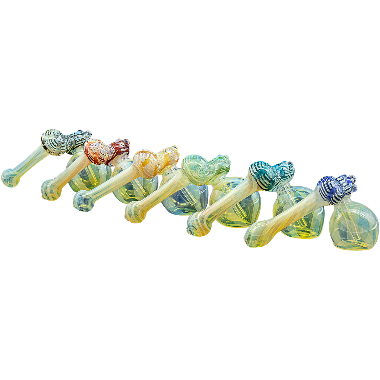 LA Pipes "Raked Sidecar" Fumed Bubblers in Assorted Colors, Angled Side View