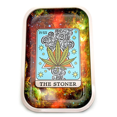 The Stoner Tarot Card Metal Rolling Tray with cosmic background, medium size