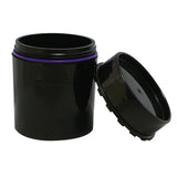 Black silicone Time Capsule storage jar with purple seal, front view on white background