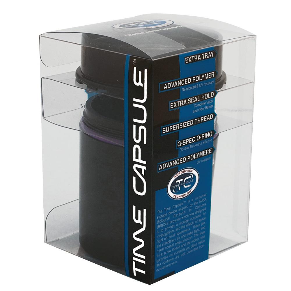 Sealable silicone "Time Capsule" storage device in packaging, front view, heavy wall design