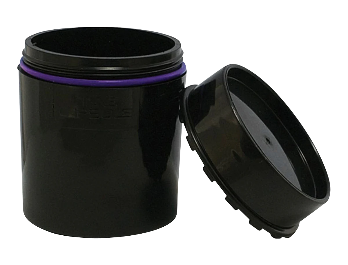 Black "Time Capsule" Sealable Storage Device, Small Variant, Open Lid Side View