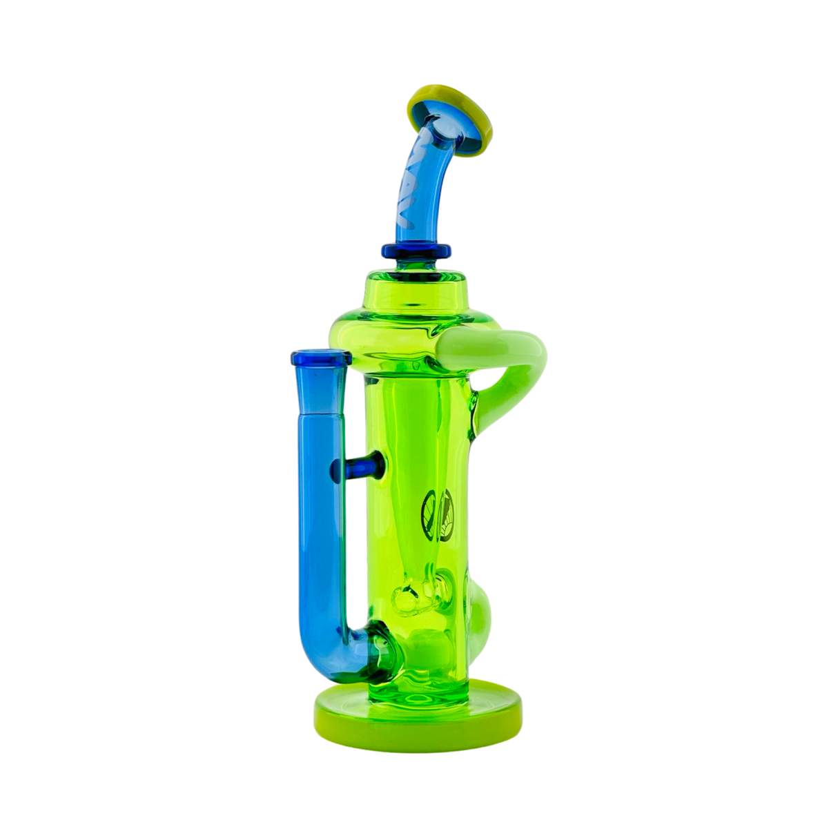 MAV Glass Trestle Recycler Dab Rig in vibrant green and blue color combo, front view on white background