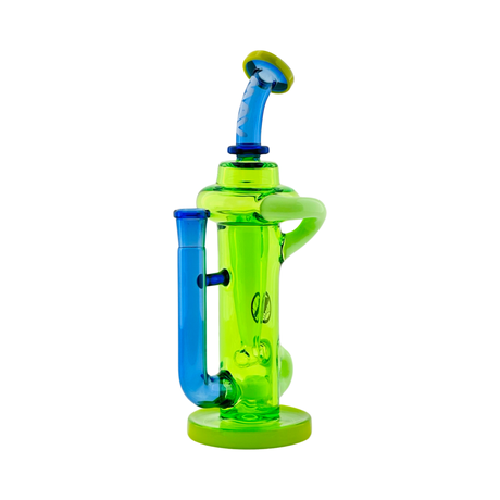 MAV Glass Trestle Recycler Dab Rig in vibrant green and blue color combo, front view on white background