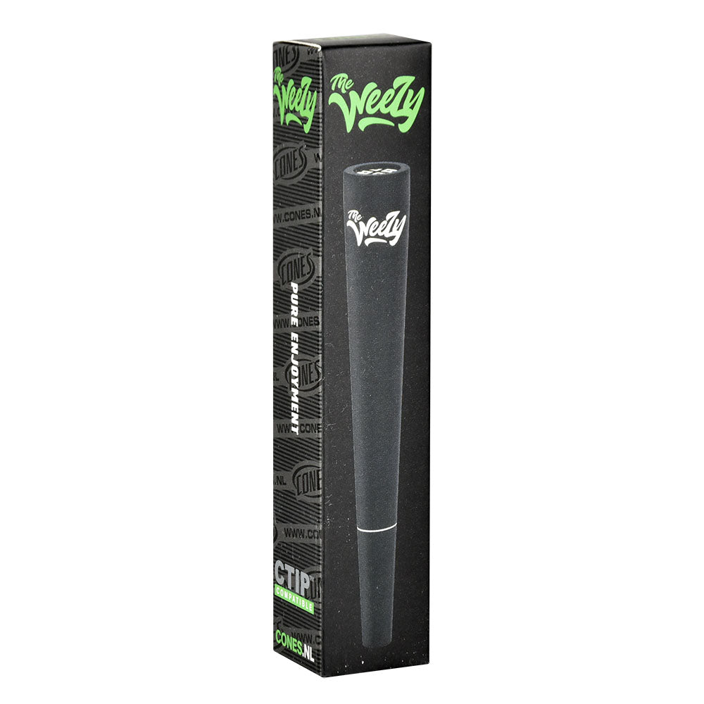 The Weezy 4" Aluminum Pipe in Black, front view with packaging, portable design for dry herbs
