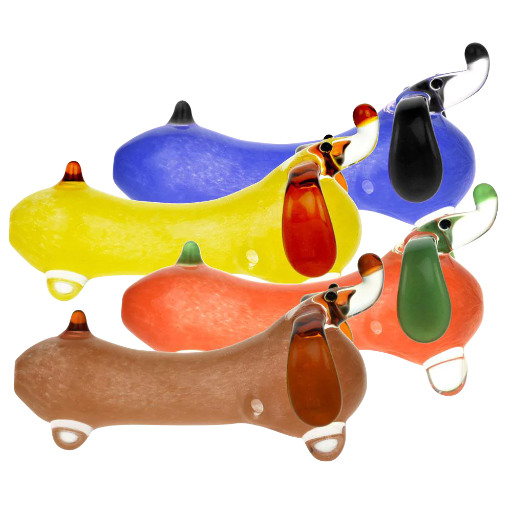 Assorted color Dachshund-themed borosilicate glass hand pipes, 4" size, top view