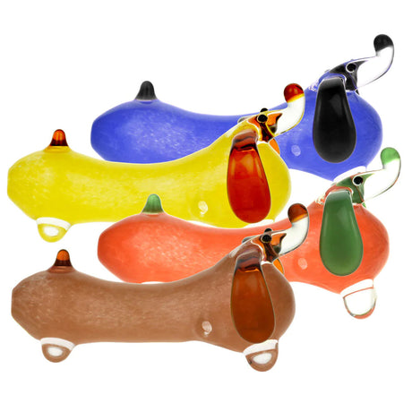 Assorted colorful Dachshund-themed borosilicate glass hand pipes in a top view display