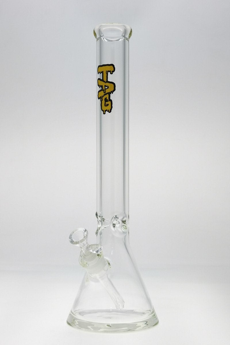 Thick Ass Glass 9mm Beaker Bong 18" with Gold Decal, Front View on Seamless White Background