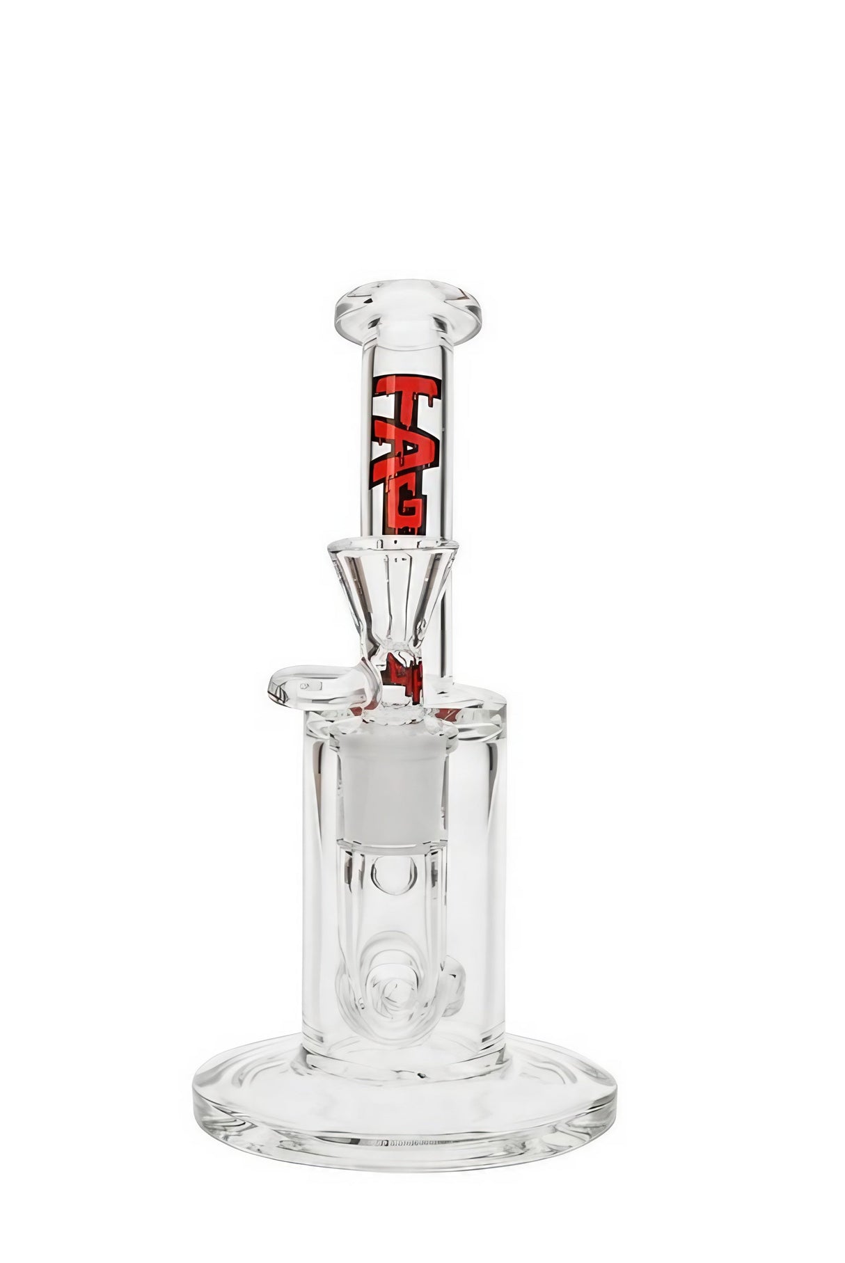 Thick Ass Glass 7'' Bent Neck Showerhead Puck Rig with clear glass on white background