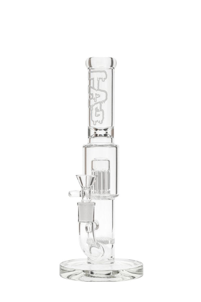 Thick Ass Glass 12" Straight Tube with Honeycomb to 8-Arm Tree Perc, Sandblasted Logo, Front View
