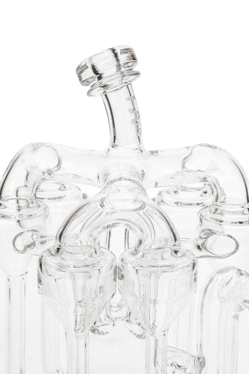 Close-up of Thick Ass Glass Inline Sextuple Recycler Dab Rig with intricate percolators