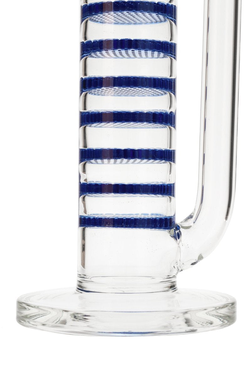 Close-up of Thick Ass Glass 27" Bong with Blue Honeycomb Percolators and Sturdy Base