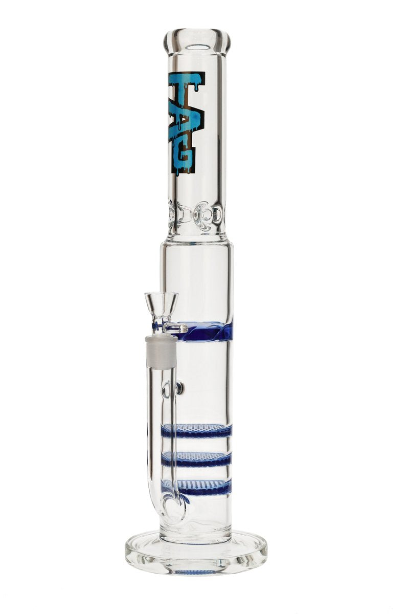Thick Ass Glass 18'' Bong with Triple Honeycomb to Turbine Percolator, Blue Accents, Front View