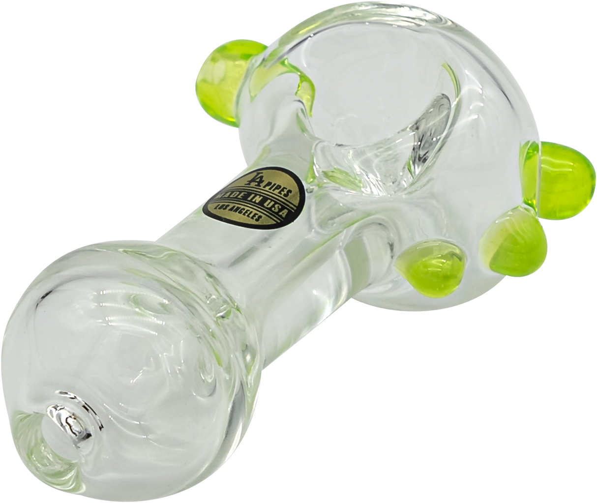 LA Pipes Thick Glass Spoon Pipe with Neon Green Accents - Angled Side View