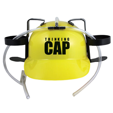 Yellow Thinking Cap 2-Can Drinking Hard Hat with Dual Straws - Front View