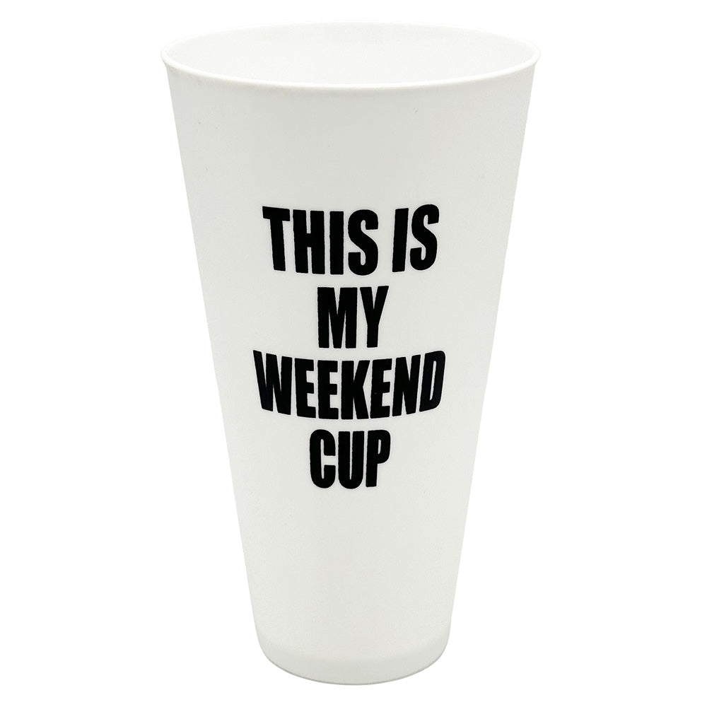 White 42oz Jumbo Plastic Cup with "This Is My Weekend Cup" text, front view on seamless white background