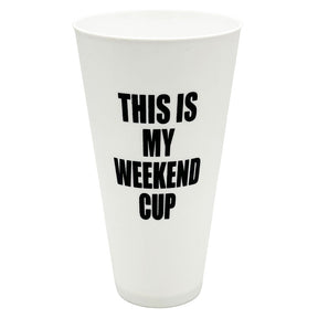 White 42oz Jumbo Plastic Cup with "This Is My Weekend Cup" text, front view on seamless white background