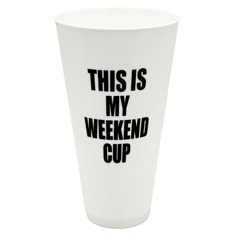 White 42oz Jumbo Plastic Cup with "This Is My Weekend Cup" text, front view on seamless white background