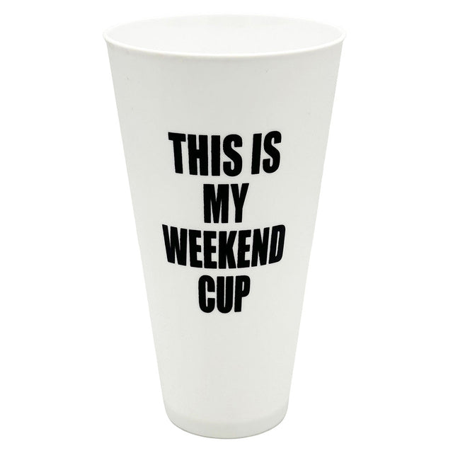 White 42oz Jumbo Plastic Cup with "This Is My Weekend Cup" text, front view on seamless white background