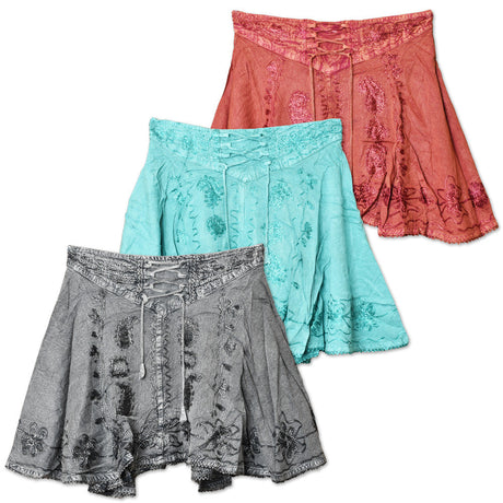 ThreadHeads Acid Wash Embroidered Lace Skirts in Assorted Colors, One Size, Flat Lay View