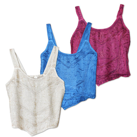 ThreadHeads Acid Wash Embroidered Tank Tops in assorted colors, top view on white background