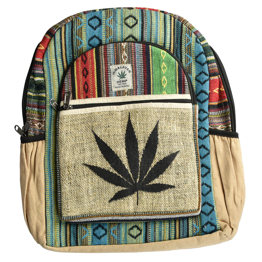 ThreadHeads Black Leaf Colorful Stripes Hemp Backpack front view on white background