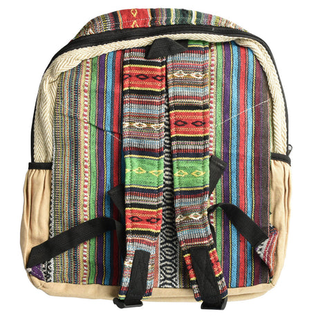ThreadHeads Black Leaf Colorful Stripes Hemp Backpack front view on white background