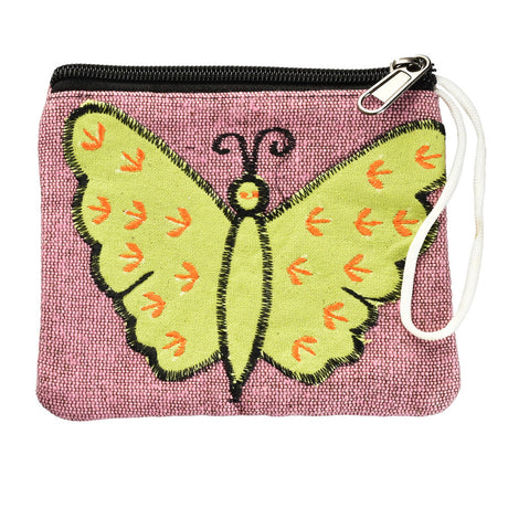 ThreadHeads Butterfly Coin Pouch with vibrant design, zippered closure, and wrist strap - Front View